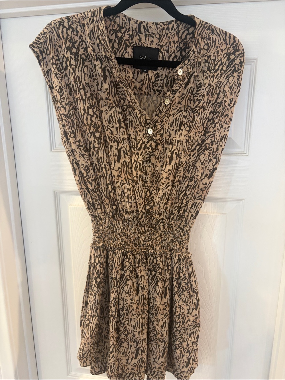Rails Beige and Black Printed Smocked-Waist Mini Dress